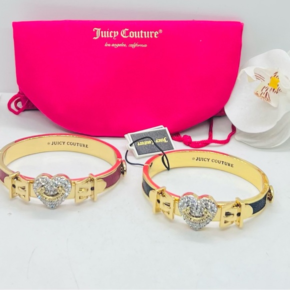 NWT, Juicy Couture Gold-Plated Pink Heart Crystal Bracelet Set of 2 - Picture 2 of 10